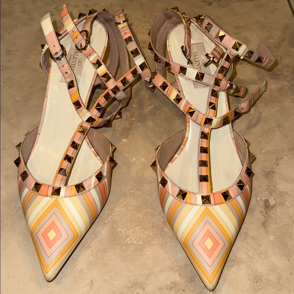 Valentino Pointed-Toe Studded heels- Pink & Orange rock stud strappy heels 40